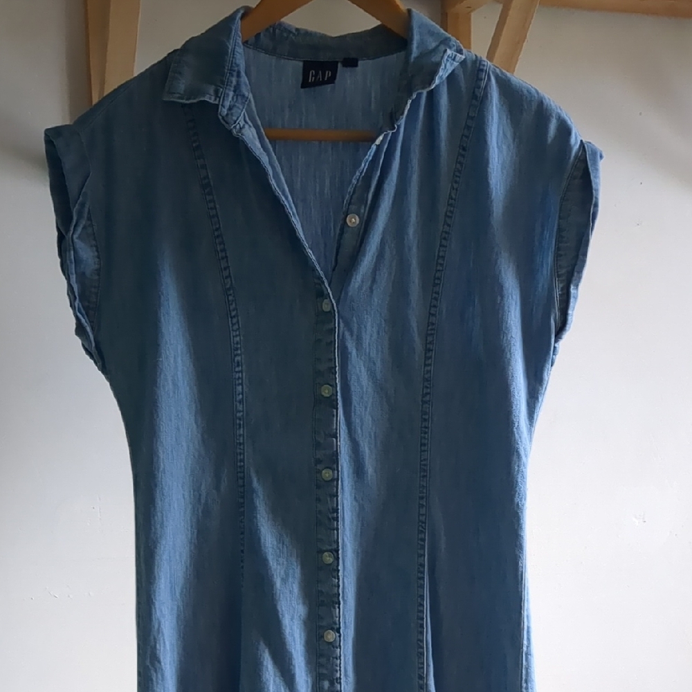 GAP Dress Blue Denim Button-Up Cap Sleeve Small